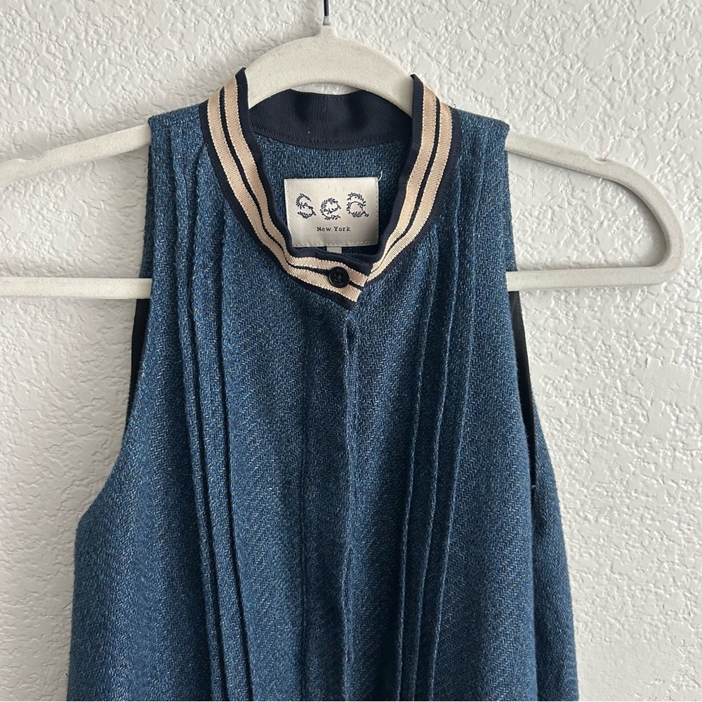 Sea New York Mini Dress Tie Waist Textured Herringbone Navy Tan 2
